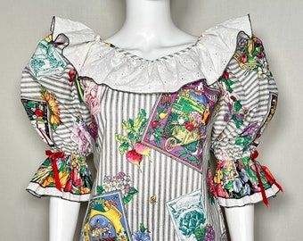 Vintage 1980s Fruit and Garden Theme Novelty Ruffled Blouse with Balloon Sleeves