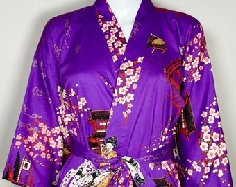 Vintage Early 2000s Japanese Royal Purple Printed Cotton Kimono Robe with Detachable Belt