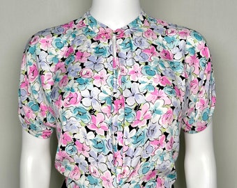 Vintage 1940s/50s Handmade Mandarin Collar Floral Print Summer Blouse