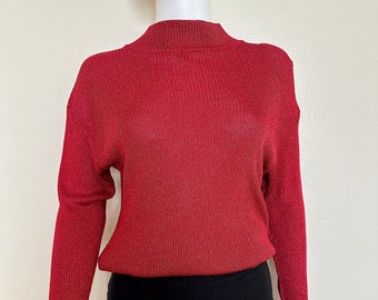Vintage 1970s Red Lurex Knitted Mock Neck Sweater