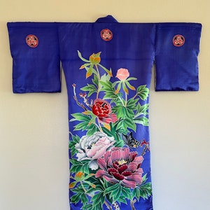 Vintage Deep Blue Japanese Hand Painted Silk Belted Kimono Robe