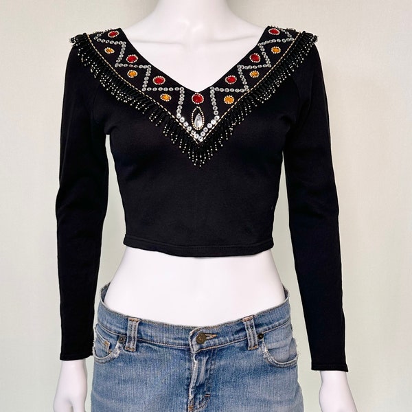 Vintage 1990s Contempo Casuals Black Jeweled Beaded Cropped Top