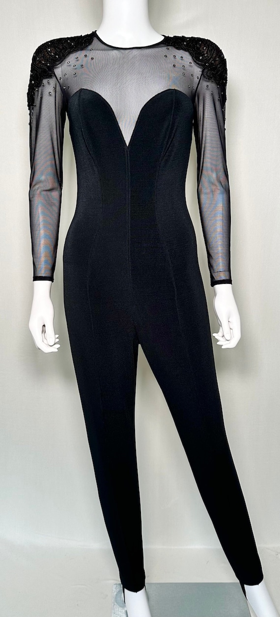 Vintage 1980s Tadashi Black Jeweled Mesh Jumpsuit