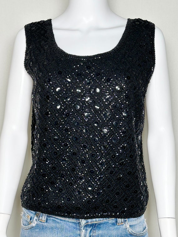 Vintage 1960s Cyn Les Black Sequin Beaded Wool Kni