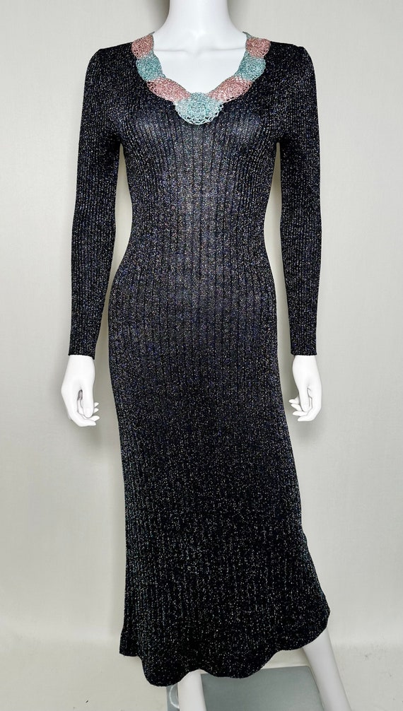 1970s Supermodel Length Wenjilli Metallic Black Dress