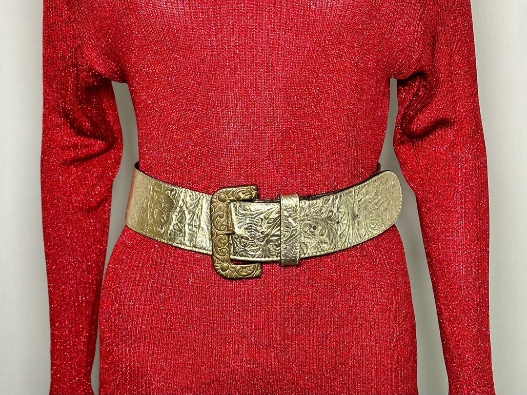 Vtg  90s cloth statement red, green & gold belt with large‎ oval brass “buckle” I dont know what the odds are of this… but we currently have  main image 2