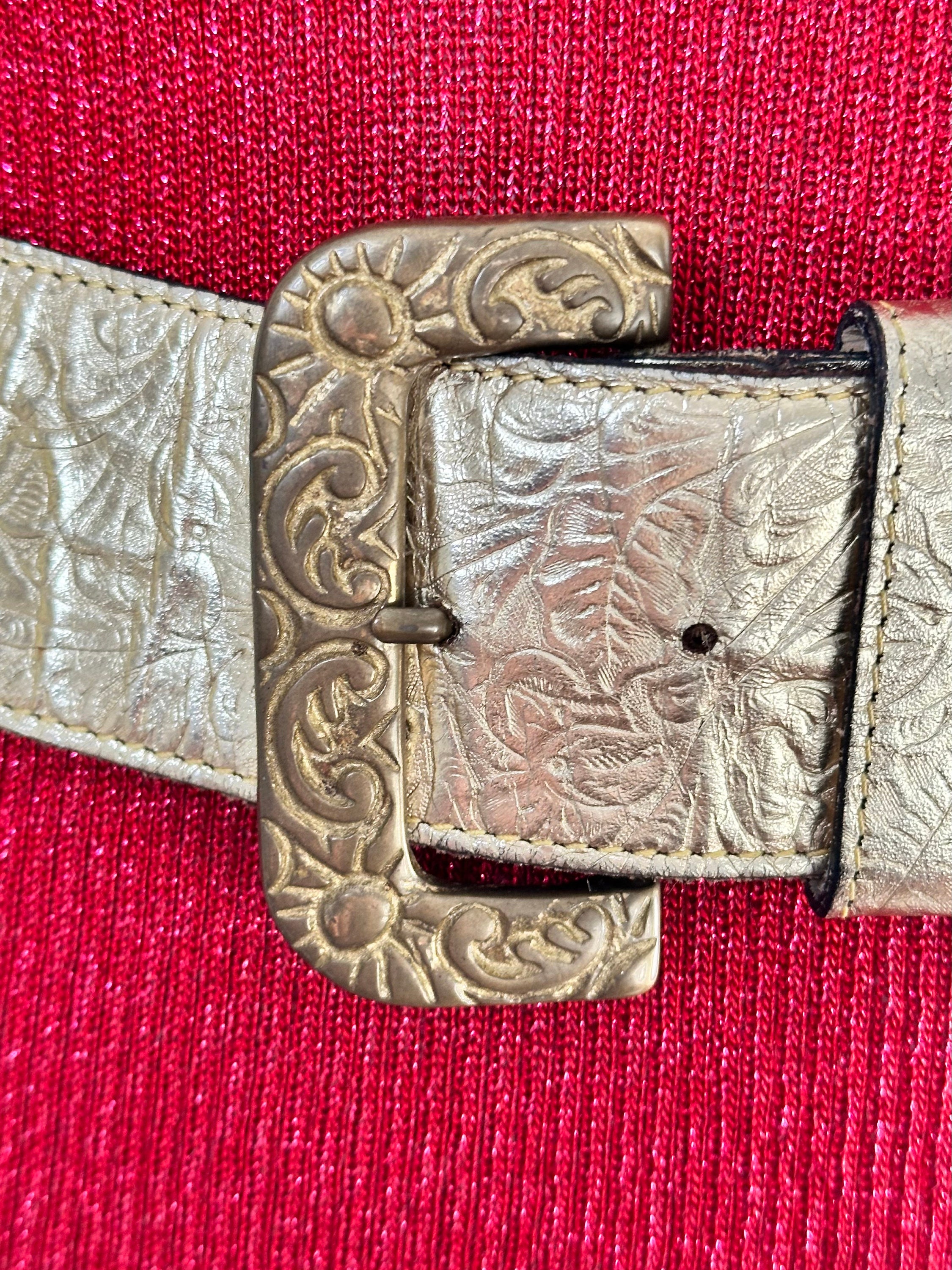 Jenny and the Boys Vintage 90\'s Brown Leather Belt Vintage 1990s Jenny & the Boys Statement Gold Tooled Leather  main image 2