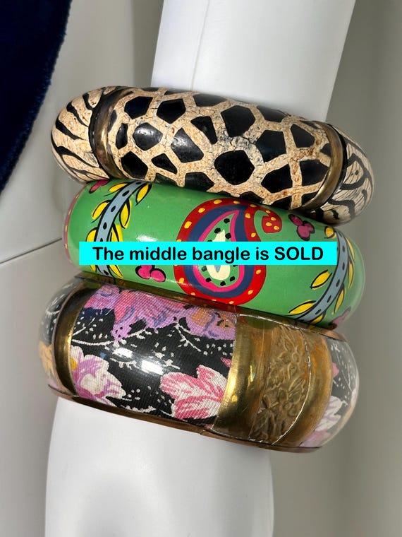 Vintage 1980s Boho Bangle Set: Mixed Material Woo… - image 1