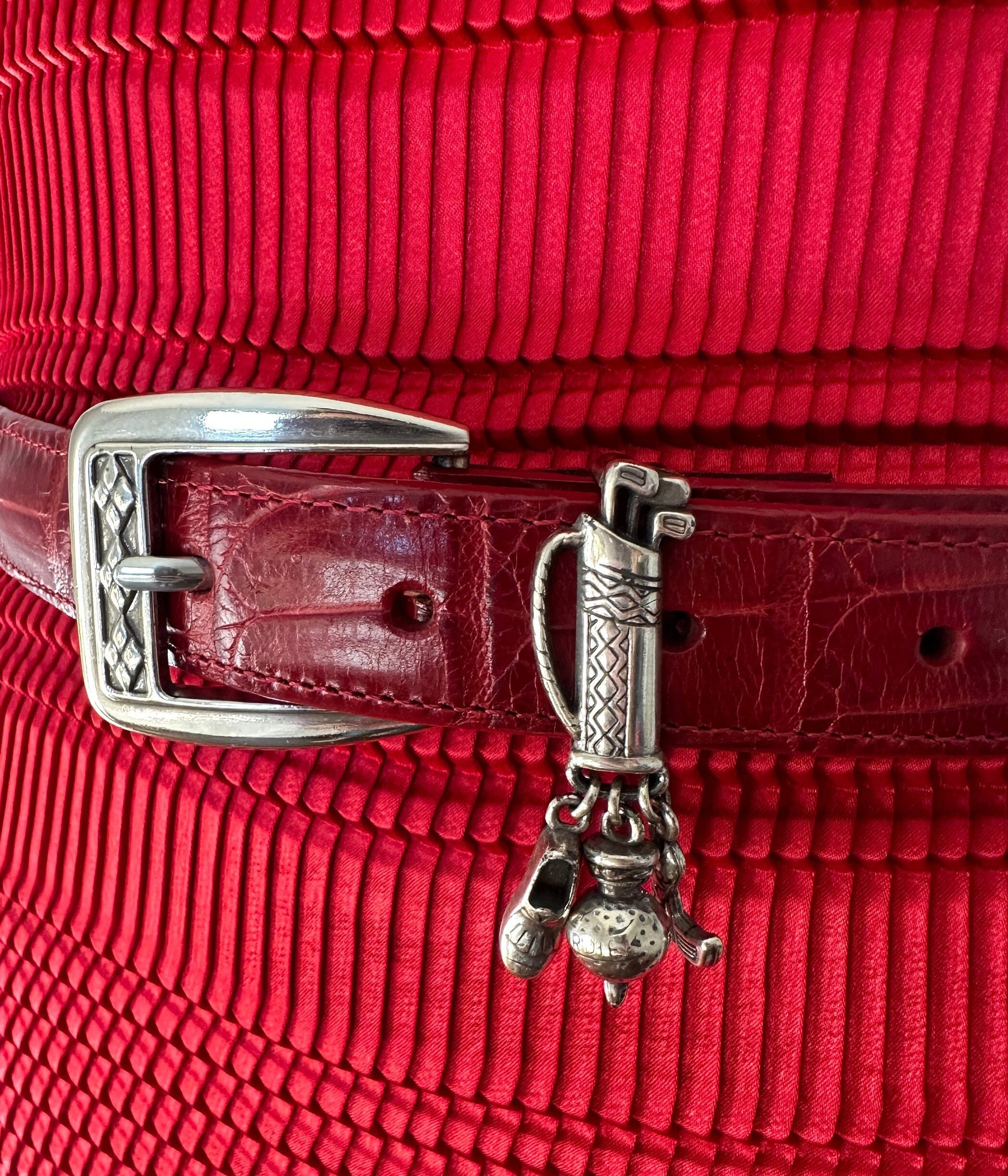 Brighton Red Leather Belt C3012 Embossed Silver Golf Charms & Buckle Size 28 Brighton Red Leather Belt Golf Dangle Charm Buckle Silver  main image 3