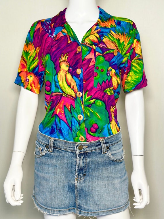 Vintage 1990s Tropical Birds Print Multicolor Blou