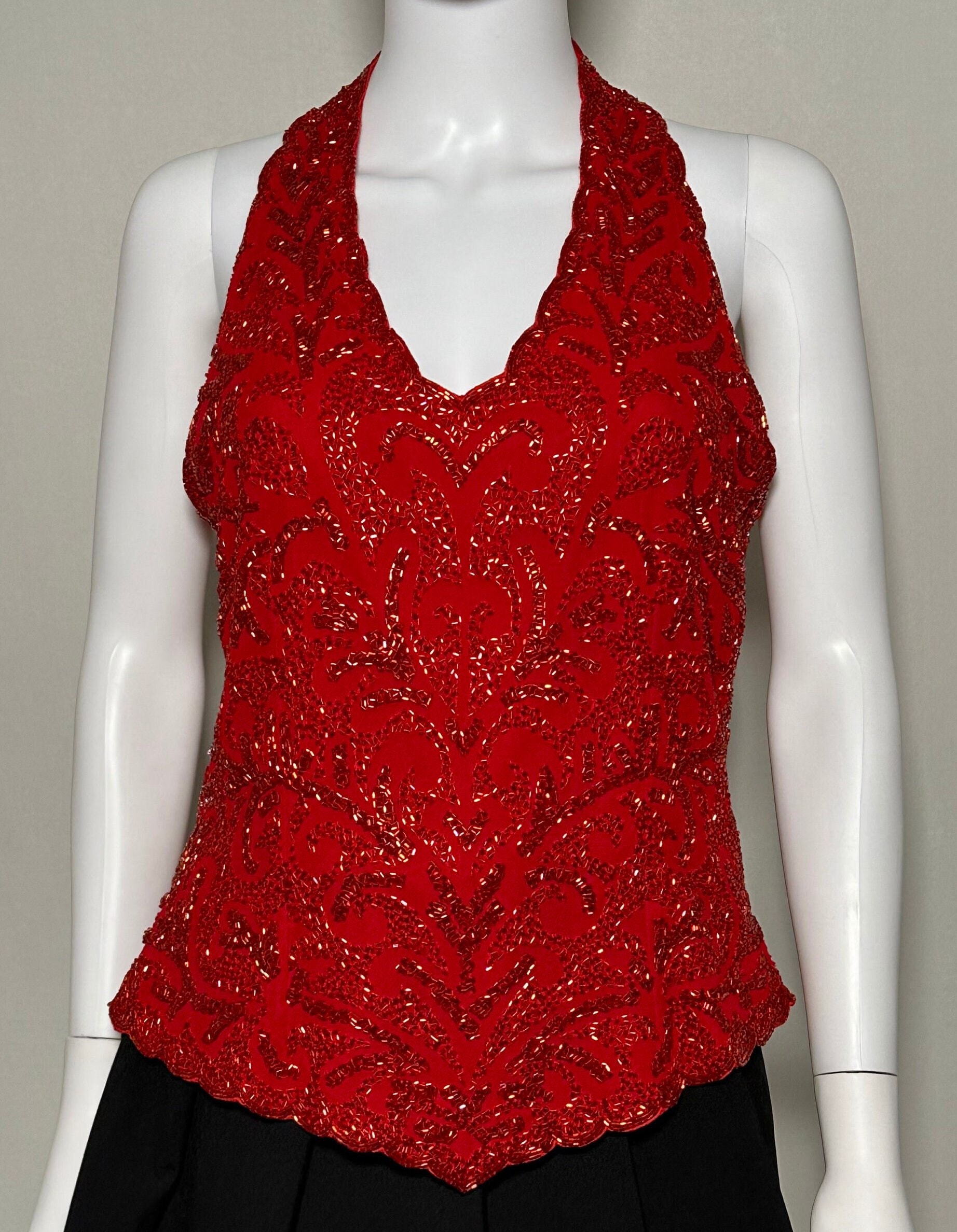 Vintage 1990s Red Beaded Top With Symmetrical Trimmed Petal