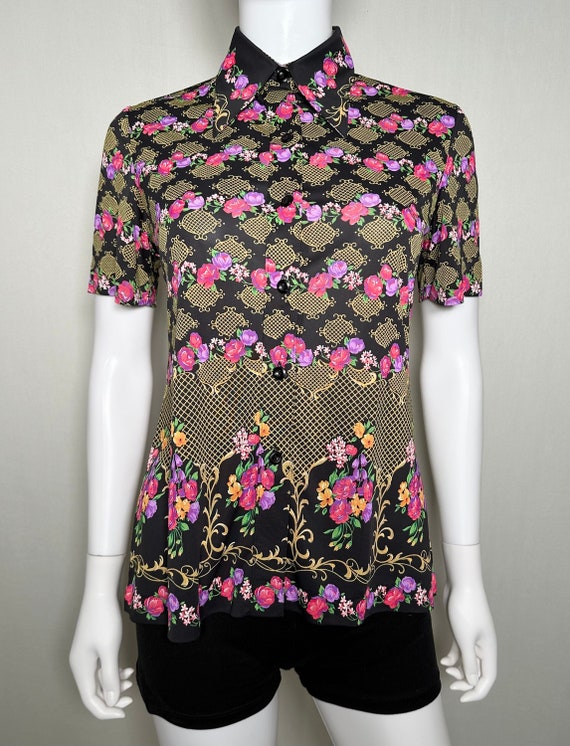 Vintage 1970s Reedy Flower Print Short Sleeve Blou