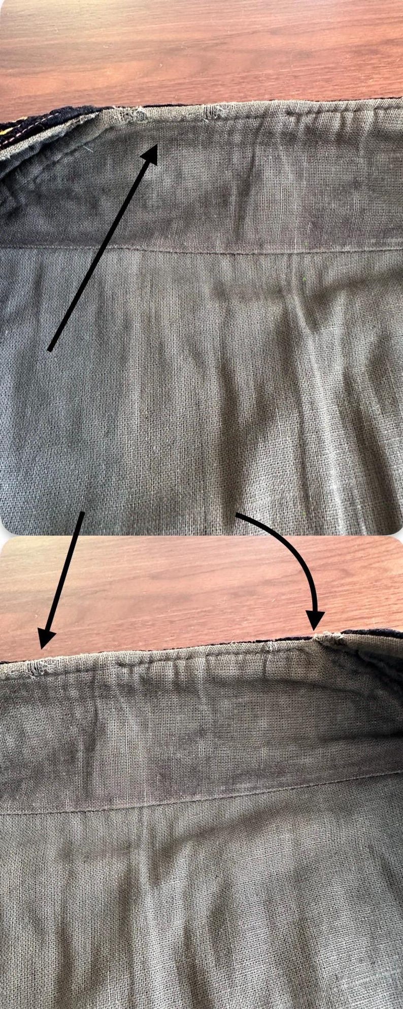 Puede incluir: Una vista de cerca de una prenda de tela tejida de color gris oscuro con un dobladillo cosido. La imagen incluye flechas negras que se&ntilde;alan &aacute;reas espec&iacute;ficas a lo largo del borde superior de la tela, resaltando la textura y los detalles de costura.