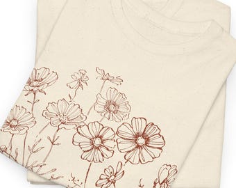 Floral Line Art T-Shirt - Botanical Graphic Tee - Minimalist Flower Shirt