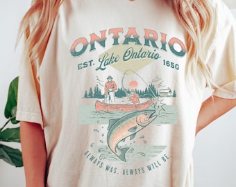 Maglietta retrò da pesca sul lago Ontario, maglietta vintage dei Grandi Laghi, maglietta vintage Comfort Colors Canada, maglietta anti-Trump discreta, maglietta pro-democrazia