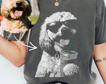 Custom Dog Drinking Iced Coffee T-shirt, Vintage Dog Shirt, Dog Dad Mom Unisex Comfort Colors Tee, Personalized Dog Lover Shirt Gift