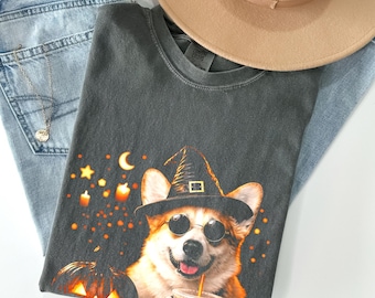 Witch Corgi Shirt Funny Halloween Dog Mom Spooky Iced Pumpkin Spiced Latte Tee, Cute Corgi Lover Fall Outfit Fall Iced Coffee Graphic Tee