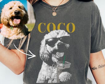 Custom Dog Drinking Iced Coffee T-shirt, Vintage Dog Shirt with Name Dog Dad Mom Unisex Comfort Colors Tee Personalized Dog Lover Shirt Gift