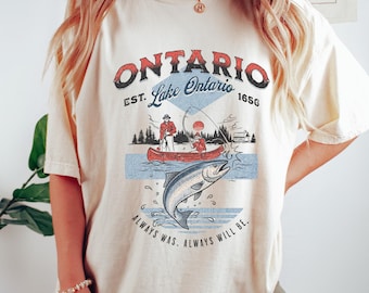 Maglietta Lake Ontario Forever, maglietta retrò da pesca al salmone, maglietta grafica patriottica per amanti del Canada, cambio di nome FDT non approvato, regalo anti Trump