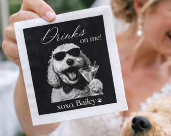 Custom Pet Wedding Cocktail Napkins, 50 Personalized Pet Portrait Dogs or Cats Napkins, Black and White Wedding Party Supplies