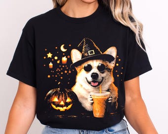 Witch Corgi Shirt Funny Halloween Dog Mom Spooky Iced Pumpkin Spiced Latte Tee, Cute Corgi Lover Fall Outfit Fall Iced Coffee Graphic Tee