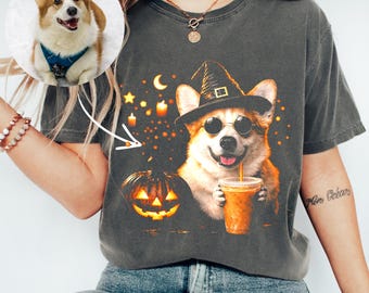 Custom Dog Spiced Pumpkin Latte Halloween Shirt, Witchy Pet Shirt, Spooky Iced Coffee Fall T-Shirt Halloween Dog Cat Costume Tee