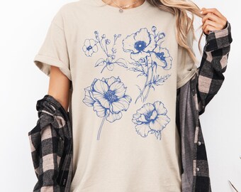 Camiseta con gráfico floral, camiseta con arte lineal botánico, regalo para amantes de las flores