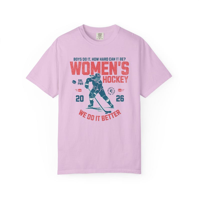 Comfort Colors Women's Hockey Shirt Hockey Game Day, Hockey Mom Tee, Hockey Lover Merch Feminist Women's Hockey Fan Top Women's Sport Orchid