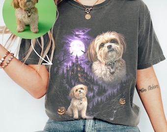 Maglietta di Halloween personalizzata con foto di animali domestici, maglietta personalizzata con luna per animali domestici, maglietta bootleg personalizzata per cani, maglietta spettrale personalizzata per cani, regalo divertente per proprietari di animali domestici