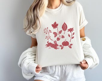 Autumn Botanical T-Shirt, Cottagecore Fall Graphic Tee, Rabbit, Bird & Pumpkin Design
