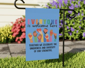 Bandera de jardín "Todos son bienvenidos aquí", decoración de patio con temática de diversidad e inclusión