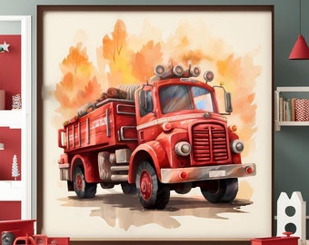 Brandweerwagen print, brandweerwagen decor, brandweerwagen kunst, jongen slaapkamer kunst, vervoer kunst, peuter kamer decor, decor van de kinderkamer, auto print
