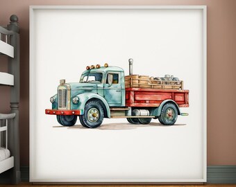 May include: A vintage blue and red dump truck with a wooden bed, carrying various items. The truck has a white front bumper and four wheels.