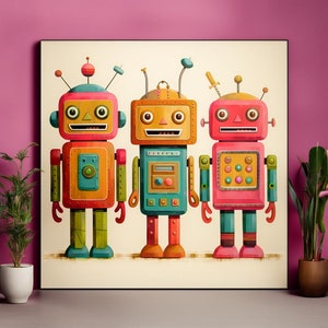 Arte de la pared del robot, impresión del robot de la guardería, impresión del robot de los niños, decoración del dormitorio de los niños, impresión de color neutro, arte de la pared de la habitación de los niños, cartel retro, digital