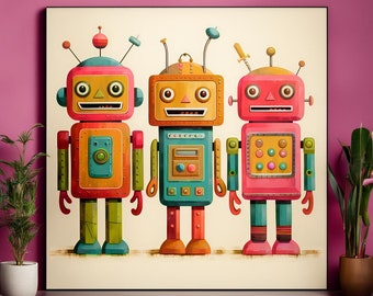 Roboter Wandkunst, Kinderzimmer Roboter Druck, Kinder Roboter Druck, Jungen Schlafzimmer Dekor, Neutrale Farbe Druck, Kinderzimmer Wandkunst, Retro Poster, Digital