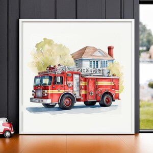 Fire Truck Print, Fire Engine Art, Fire Truck Decor, Boy Bedroom Art, Transportation Art, Toddler Room Decor, Nursery Decor, Car Print