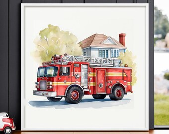 Brandweerwagen print, brandweerwagen kunst, brandweerwagen decor, jongen slaapkamer kunst, transport kunst, peuter kamer decor, decor van de kinderkamer, auto print