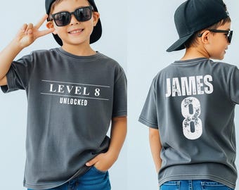Custom 8th birthday shirt boys, Funny 8th bday Party shirt, Level 8 Unlocked Shirt, 8th Birthday Boy Tee Gifts