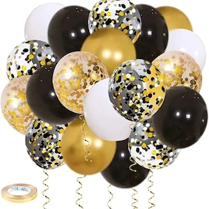 Globos de graduación, globos negros y dorados, decoraciones de graduación, decoraciones de graduación universitaria, decoración de graduación escolar (paquete de 50)