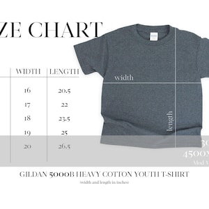 May include: A size chart for a Gildan 5000B Heavy Cotton Youth T-Shirt, with measurements in inches. The chart includes sizes XS to XL, with corresponding width and length measurements. A gray t-shirt is shown with width and length indicators.