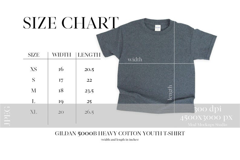 May include: A size chart for a Gildan 5000B Heavy Cotton Youth T-Shirt, with measurements in inches. The chart includes sizes XS to XL, with corresponding width and length measurements. A gray t-shirt is shown with width and length indicators.