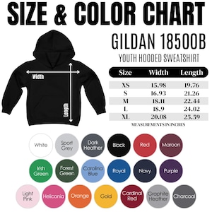 May include: Black youth hooded sweatshirt with a size and color chart. The chart lists measurements in inches for sizes XS to XL. Color options include white, black, red, and more. The text "SIZE & COLOR CHART" is at the top.