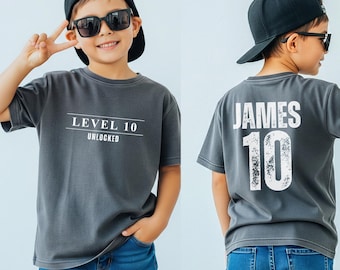 Boys 10th Birthday Shirt, Custom Name Age, Level 10 Unlocked Gamer Tee