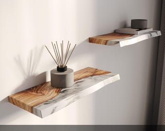 Wood & Arcanid Stone Shelf with Live Edge - minimalist open shelving for unique apartment and office wall accent decor