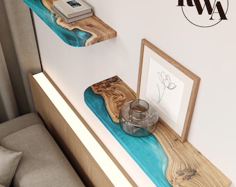 Artistic Rounded Shelf | Blue epoxy & solid wood floating shelves for accent wall decor