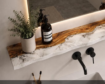 Unique Arcanid Stone Shelf with Solid Wood - handcrafted floating shelves for bathroom. Long live edge shelf on wall with hidden bracket
