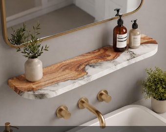 Unique Rounded Shelf made of Solid Wood & Arcanid Stone - handcrafted floating shelves for bathroom and powder room