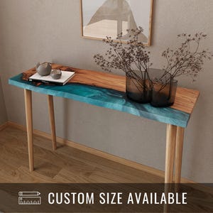 Artistic Live Edge Table | Wooden Narrow Console Table With Blue Epoxy | Unique Home Decor For Living Room, Entryway, Modern Interior Design