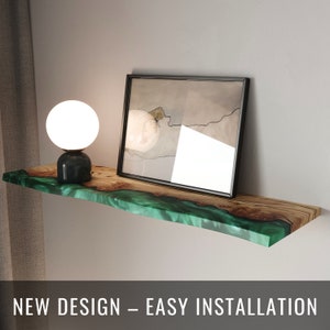 Green Epoxy Floating Shelf – live edge shelves on wall for wall decor. Book shelf decor, book lover gift. Live edge wood shelf.