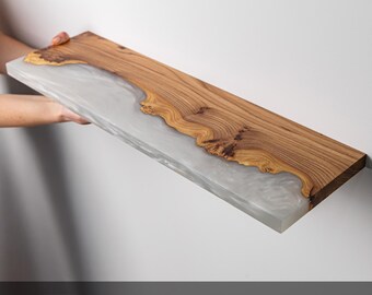 Unique Platinum Epoxy & Wood Shelf - handmade floating shelves for bathroom, living room, kids room. Easy to install wall decor shelf